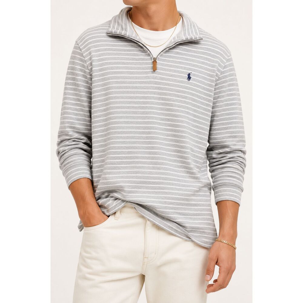 Polo Ralph Lauren Men's XL Gray White Stripe Quarter Zip 100% Cotton Pullover